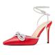 HDEUOLM Womens Stiletto High Heel Pointed Toe Sandals Pumps Court Shoe Ankle Strap Rhinestone Crystal Bow-knot Wedding Cute Satin Summer 10 CM Heels Red 6.5 UK