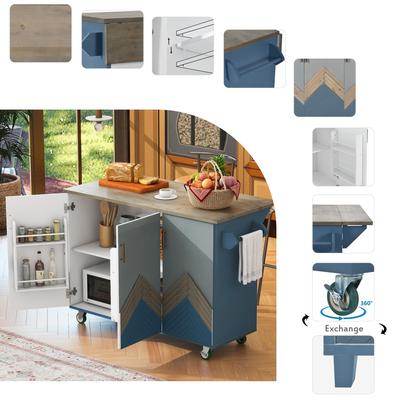 Retro Mountain Kitchen Island Cart with Drop Leaf, Navy Blue Movable Microwave Cart Standing Rack Shelving Unit Organizer