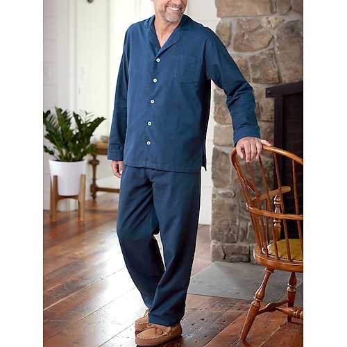 Herren Hausanzug Schlafanzüge Schlafanzug Set Pyjama-Oberteil und Hose 2 Stück Glatt Stilvoll Brautkleider schlicht Komfort Heim Täglich Baumwolle Komfort Kargen Langarm Hemd Hose Kordelzug Image