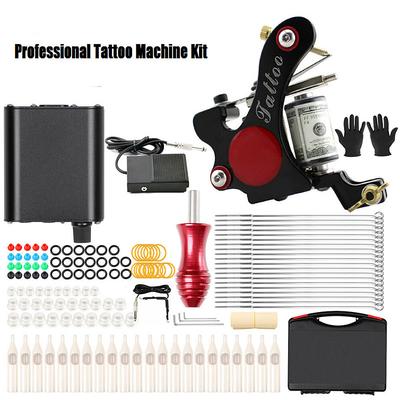 Beginner Tattoo Machine Kit Gun Power Supply Premium Inks Needles Grip Box Set