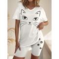 Women's T shirt Tee Shorts Sets Cat Casual Daily Print White Short Sleeve Fashion V Neck Summer