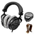 BeyerDynamic Professional Acoustically Open Headphones 250 Ohms (DT-990-PRO-250) with Slappa HardBody PRO Full Sized Headphone Case Black & Universal Wood Headphone Stand