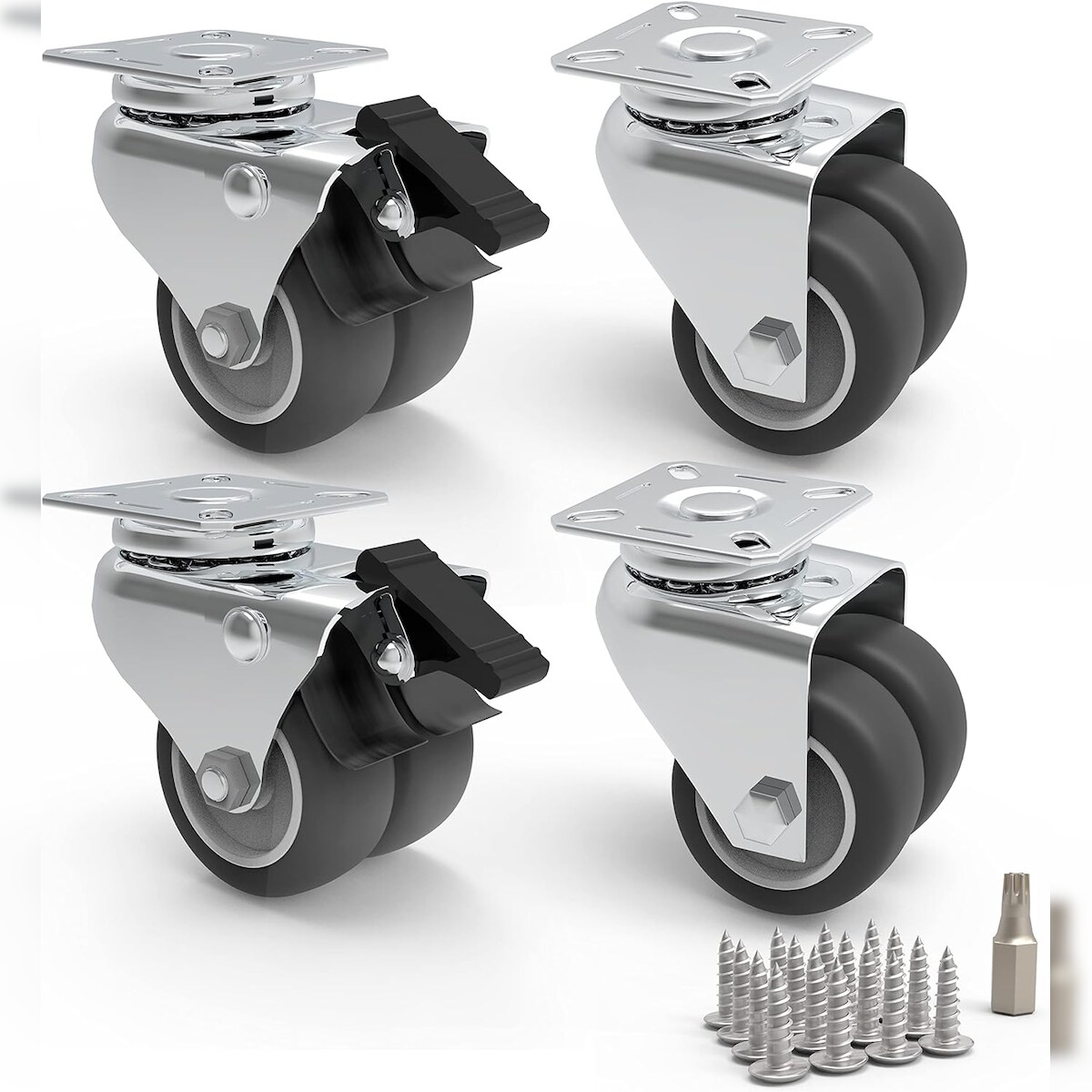 PRIOstahl Doppelrollen 50mm Graue Rollen 2x Lenkrollen + 2x Bremsrollen inkl. Befestigungsmaterial Image