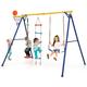 GYMAX 4 in 1 Kids Swing Set, Metal Swing A-Frame with Belt Swing, Climbing Ladder, Disc with Rope, Basketball Hoop & Ground Stakes, Outdoor Children Playground Set for 3-9 Years Old, Max Weight 300kg