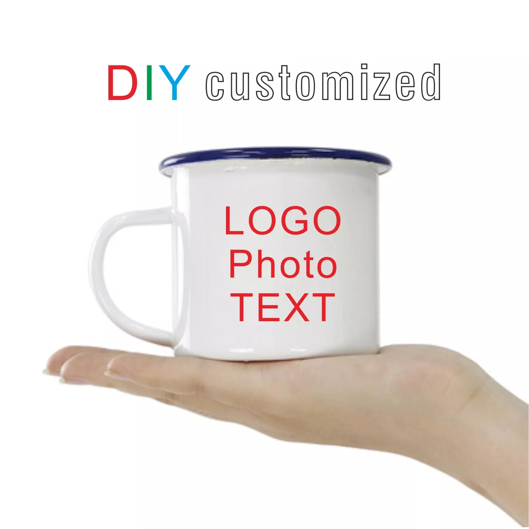 Personalisierte Emaille-Kaffeetasse, DIY-LOGO-Fotortext, Tasse mit blauem Rand, Schwarz, Silberfarbe zur Auswahl, 350 ml Image