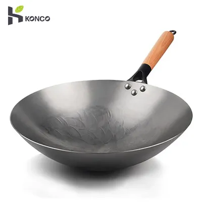 Konco Handmade Wok Smokless Cookware Uncoated Iron Pot Frying Pan Non-Stick Chinese Cast Iron Wok kitchen Pot skillet