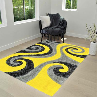 HR Yellow, Gray, Black shag Rug for Living Room Decor Rug Trends Bright Modern Swirls Pattern, 3-D Curved Shaggy Rug