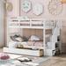 Twin Over Twin Wood Bunk Bed with Three Drawers and Storage Stairs, Wooden Support