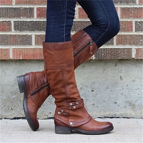kniehohe Reitstiefel aus Vintage-Kunstleder für Damen mit seitlichem Reißverschluss und dekorativen Riemen – perfekt für die Freizeit und den Outdoor-Bereich Image