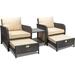 Balcony 5 Piece Patio Conversation Set PE Wicker Rattan Outdoor Lounge Chairs with Soft Cushions 2 Ottoman&Glass Table for Porch Lawn-Brown Wicker