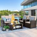 durable 4-Piece Outdoor Patio Set Wicker Rattan Sectional Sofa Couch with Glass Coffee Table | Black
