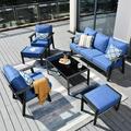 Furniture Sectional Sofa 4 Pieces Outdoor Wicker Furniture Set Armrest Chairs Ottomans with Turquoise Cushions and Furniture Covers Black Rattan