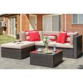 durable 5 Piece Patio Sets All-Weather Brown PE Wicker Outdoor Couch Sectional Patio Set Small Patio Conversation Set Garden Patio Sofa Set w/Ottoman Glass Table Red Pillow Beige