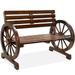 2-Person Wooden Wagon Wheel Bench for Backyard Patio Porch Garden Outdoor Lounge Furniture w/Rustic Country Design Slatted Seat and Backrest - Brown