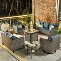 HOOOWOOO Patio Outdoor Conversation Set with Fire Pit Table 6 Pieces Outside Furniture Sofa Set with PE Wicker Swivel Rocking Chairs Gas Fire Pit Table and Coffee Side Table Denim Blue