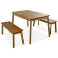 YesFashion 3 Pieces Acacia Wood Table Bench Dining Set Patio Furniture Dining Table with 2 Benches Outdoor Lounge Furniture for Backyard Patio Garden