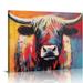 PIKWEEK Farm Cow Canvas Wall Art Colorful Animal Graffiti Highland Cow Poster Canvas Print Street Art Farmhouse Cattle Modern Artwork Living Bedroom Bathroom Home Office Decor