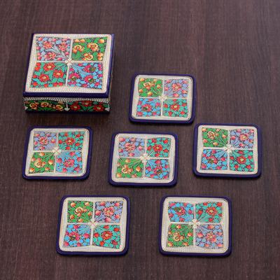 Oneiric Elixir,'Set of 6 Floral Painted Blue Wood and Papier Mache Coasters'