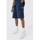 Mens Navy Tall Fixed Waist Twill Relaxed Cargo Zip Detail Tab Short, Navy