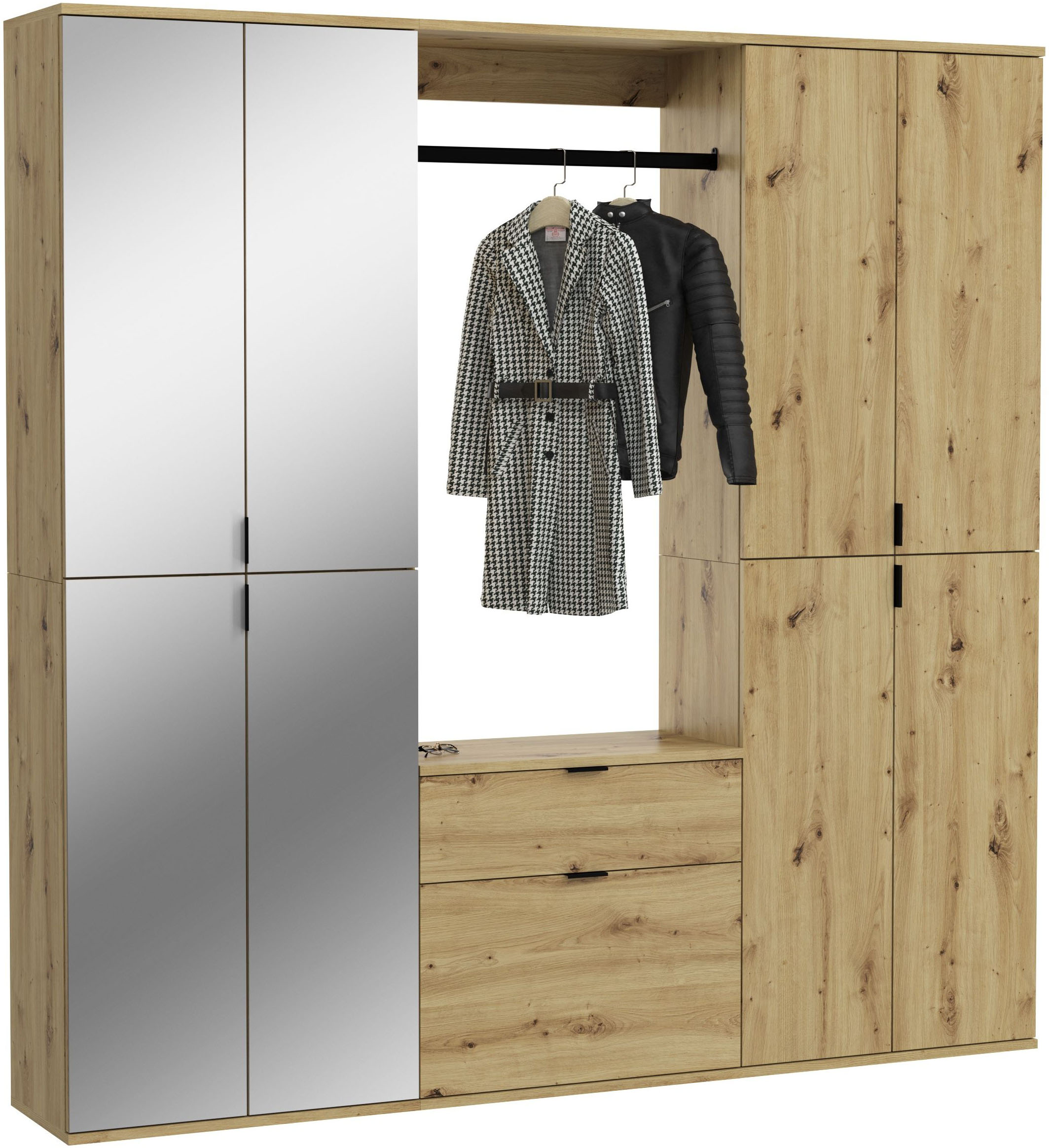 Garderoben-Set INOSIGN "Trondheim, Breite 183 cm, 5-teilig, bestehend aus:", braun (nox oak nachbildung), B:183cm H:193cm T:34cm, Holzwerkstoff, Kastenmöbel-Sets, 2x Garderobenschrank, 1 Kommode, 1 Garderobenstange, 1 Ablageboden