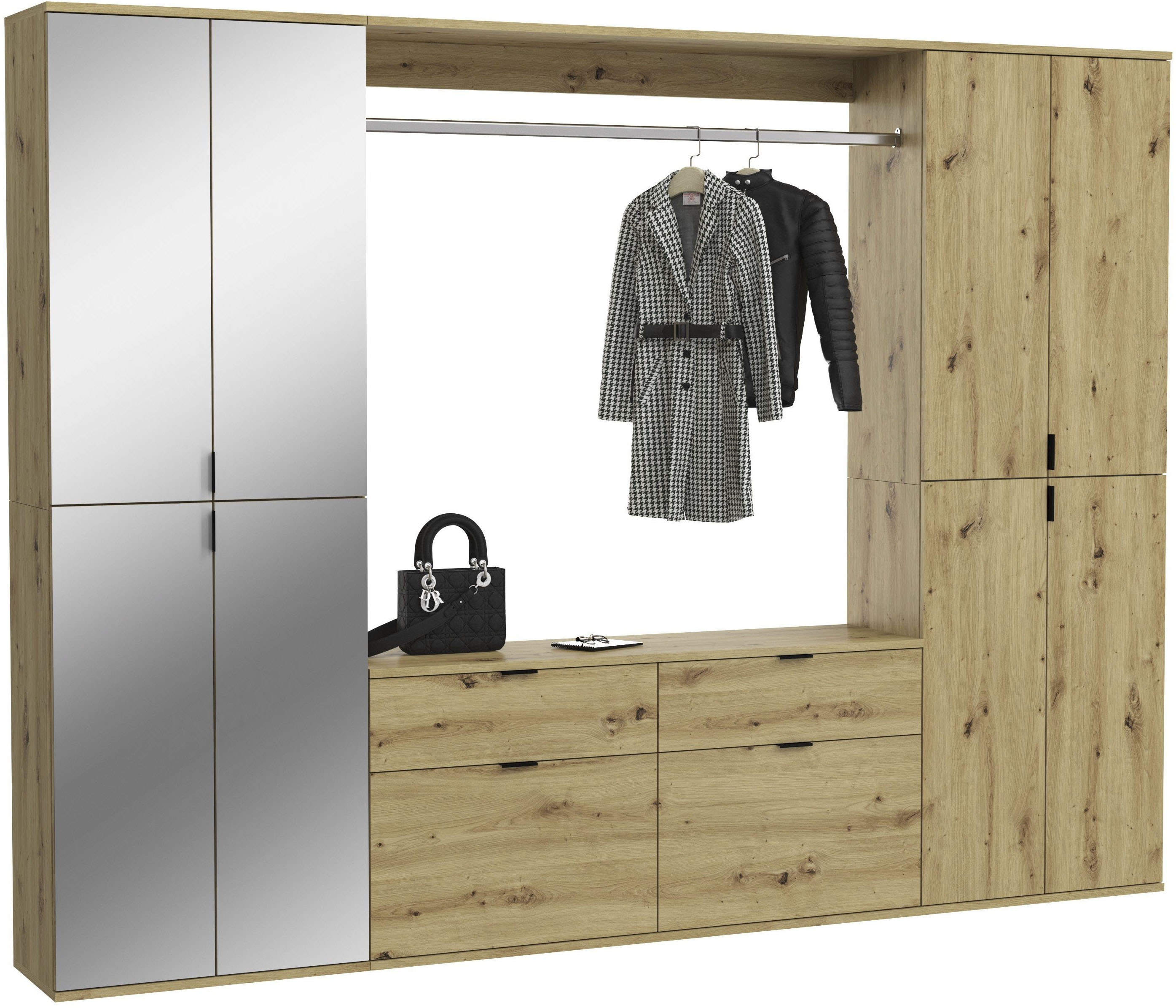 Garderoben-Set INOSIGN "Trondheim, Breite 243 cm, 5-teilig, bestehend aus:", braun (artisan eiche nb, artisan eiche nb, spiegelglas), B:243cm H:193cm T:34cm, Holzwerkstoff, Kastenmöbel-Sets, 2x Garderobenschrank, 1 Kommode, 1 Garderobenstange, 1...