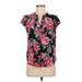 Calvin Klein Short Sleeve Blouse: Black Floral Tops - Women's Size Medium