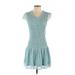 She + Sky Casual Dress - Mini V-Neck Short sleeves: Teal Print Dresses - Women's Size Small