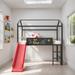 Metal House Bed Kids Bed With Slide Loft Bed with 2 Sided Wooden Board, Black