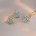 Luxury Blue Ice Flower Square Stud Earrings and Necklaces For Women Jewelry Sets Gold Color Bridal