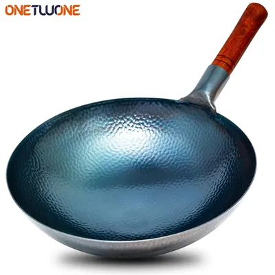 Traditional Chinese wok Cast Iron Cookware Carbon Steel Round Bottom Wok Beech Wood Anti-scald