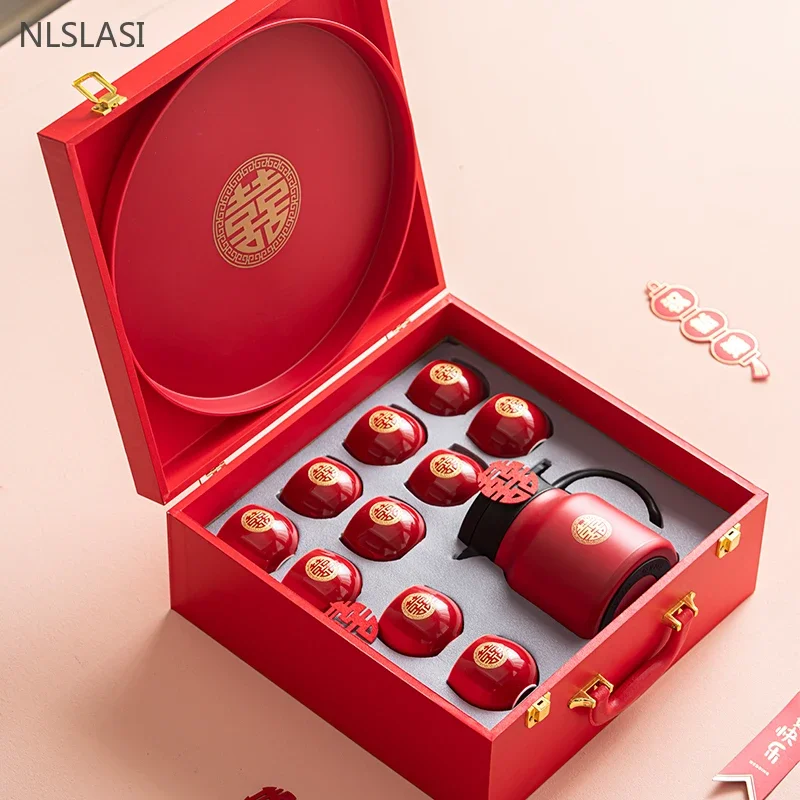 Boutique Red Ceramic Tea Pot and Cup Set Chinese Wedding Tea Sets Handmade Exquisite Teaware Supplies Household Teacup Drinkware