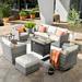 Latitude Run® 10 Piece Rattan Outdoor Sofa Seating Group w/ Fire Pit & Cushions Synthetic Wicker/All - Weather Wicker/Wicker/Rattan in Gray | Wayfair