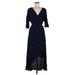 Charli Casual Dress - Wrap V Neck 3/4 sleeves: Blue Polka Dots Dresses - Women's Size 8