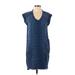 Cloth & Stone Casual Dress - Shift V Neck Short sleeves: Blue Dresses - Women's Size Small