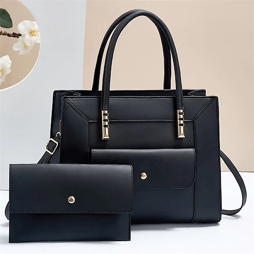 Grünes Set aus Handtasche und Geldbörse aus Kunstleder für Damen – elegante, strukturierte Tragetasche mit goldenen Akzenten fürs Büro, zum Einkaufen und für die Freizeit