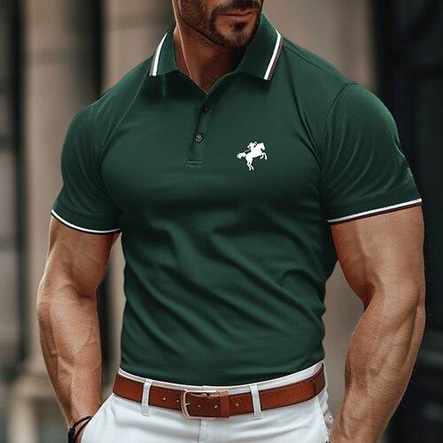 Herren Poloshirt Golfhemd Casual Festtage Kargen Kurzarm Modisch Basic Farbblock Pferd Patchwork Stickerei Sommer Regular Fit Schwarz Burgunderrot Grün Poloshirt