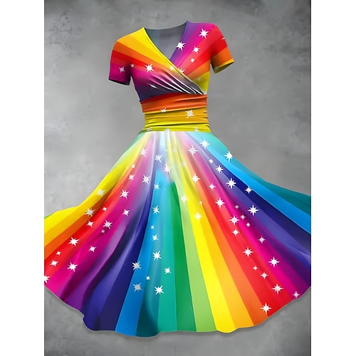 Damen Midikleid Sommerkleid Elegant Tropisch Klassisch Urlaub Heim Date Lässiger Schnitt Grafik Kurzarm V Ausschnitt Schwarz Weiß Gelb Hellgrün Sommer Image