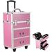 Rolling Makeup Train Case 4 Tiers Lockable Aluminum Makeup Travel Organizer Cosmetic Case with Extendable Trays Size 14 L x 9 W x 22.4 H Rose Pink