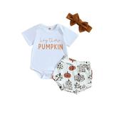 Bmnmsl Thanksgiving-themed Outfit Set for Baby Girls: Romper Pumpkin Shorts and Headband