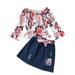 Musuos Little Girl Off the Shoulder Floral Print T-shirt Tops Belted Ripped Denim Skirt