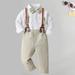 Bib Pants Suit Set for Kids Boys 2 PC Set Long Sleeve White Shirts Tops & Suspender Bib Pants Casual British Dress Outfits Beige qILAKOG 3 Years