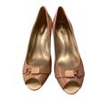 Coach Shoes | Coach Temple Patent Warm Blush Wedge Peep Toe Shoe Gold Logo Insignia Size 11 | Color: Brown | Size: 11