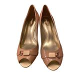 Coach Shoes | Coach Temple Patent Warm Blush Wedge Peep Toe Shoe Gold Logo Insignia Size 11 | Color: Brown | Size: 11