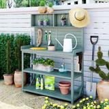 65" Potting Bench for Outside with Storage, Potting Table Outdoor Workstation with Hooks and Shelves