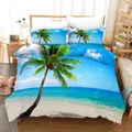 Beach Duvet Cover Set Polyester Tropical Island with The Palm Tree and Sea Beach Nature Theme Double