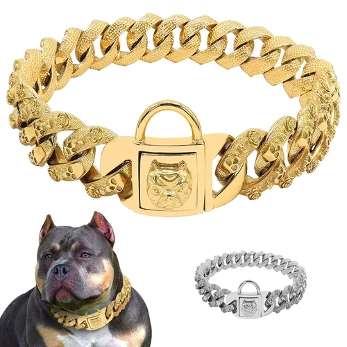 32mm breite Hunde kette Halsbänder Schädel starke Edelstahl Hund Halsreif Pitbull Gold Hund