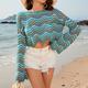 Women's Shirt Crop Top Striped Vacation Beach Print Crochet Bell Sleeve Black Long Sleeve Casual Crew Neck Spring Fall