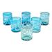 Whirling Aquamarine,'6 Mexican Hand Blown 11 oz Rock Glasses in Aqua and White'