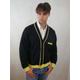80S Vintage Cardigan, Black & Yellow V Neck Cotton Sweater, Retro European Menswear Size Xl | 46 To 48 Us