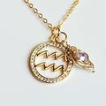 Aquarius Gold Zodiac Necklace With Cubic Zirconia Pendant & Wire Wrapped Crystal Bead Dangle